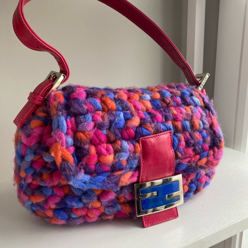 Fendi Multicolor Knit Shoulder Bag with Pink Leather Strap